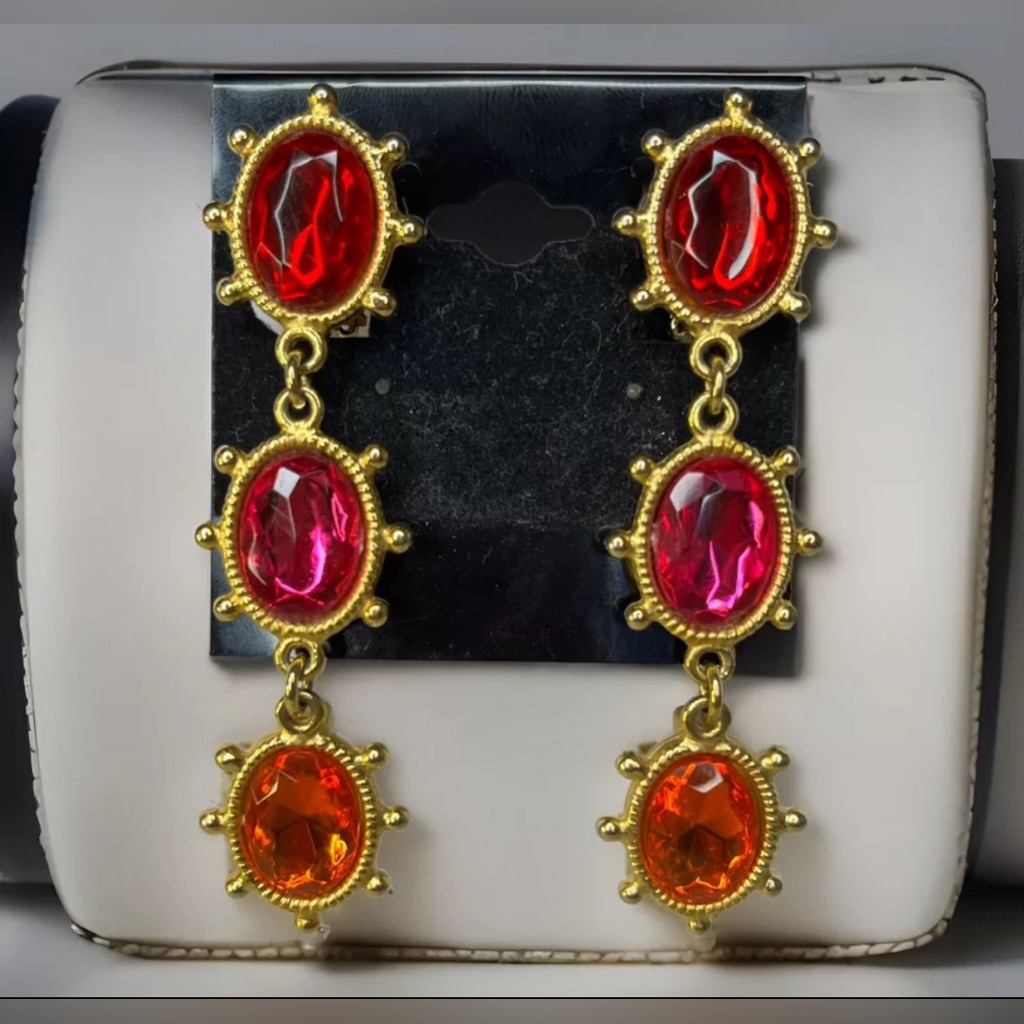 Vtg Gerard Yosca Gold Tone Clip On Crystal Etruscan Byzantine Dangle Earrings